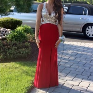 Red cutout jeweled prom gown
